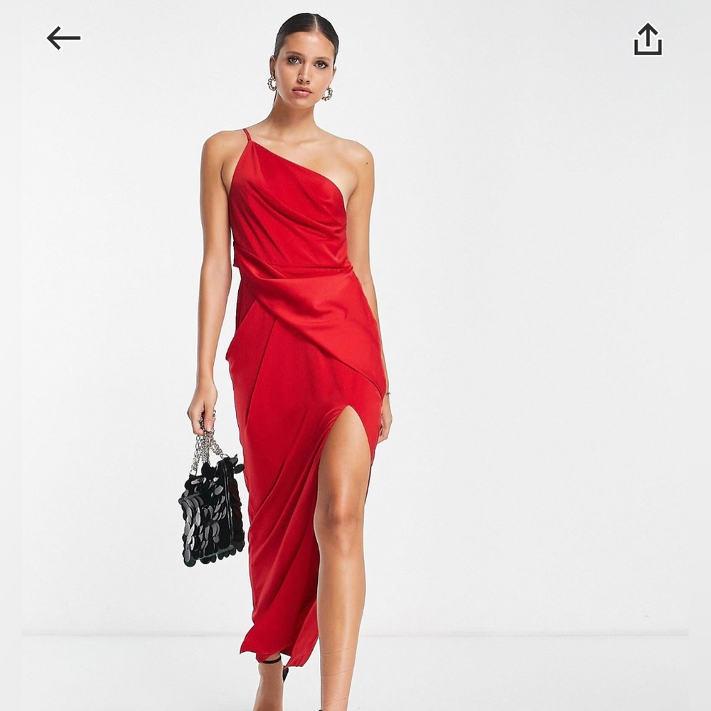 Red Satin One Shoulder Midi Wedding Guest Bridesmaid Dress Size 0 NWT